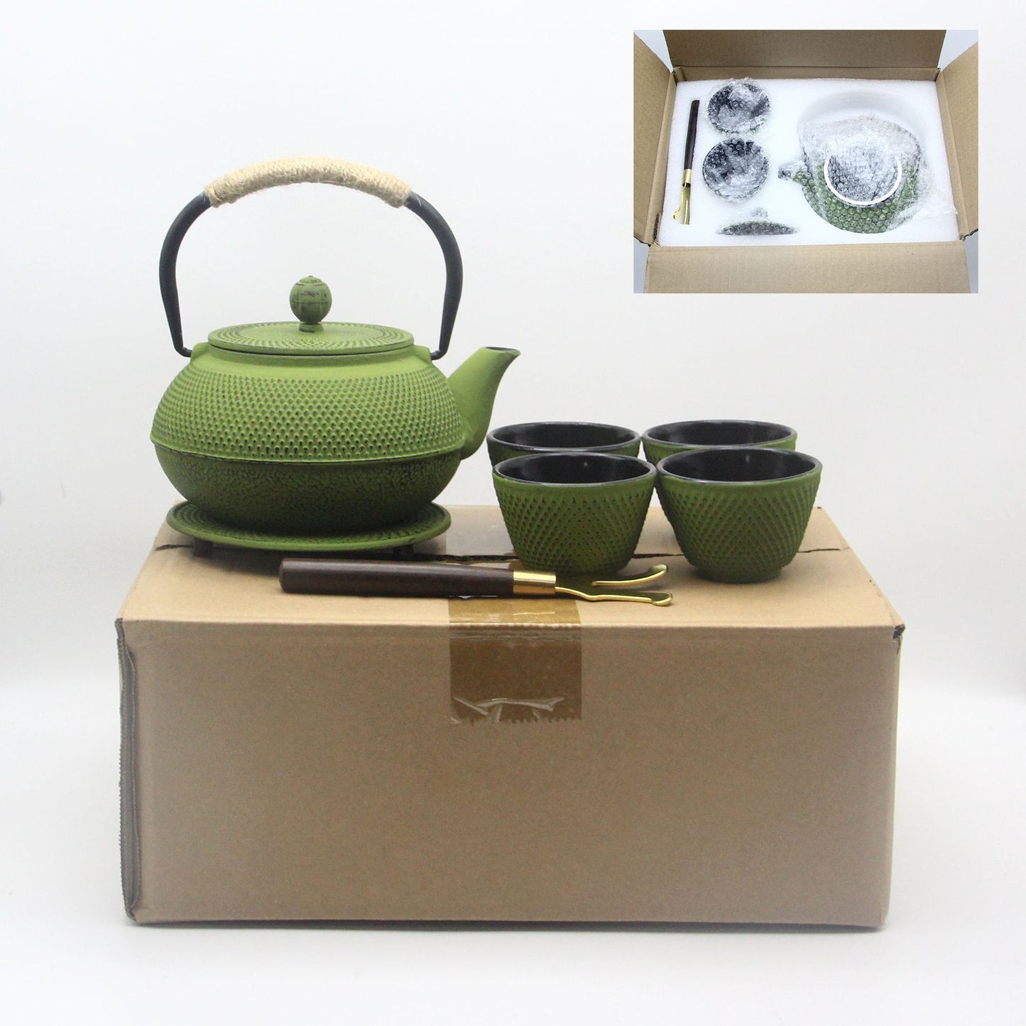 800ml Cast Iron Enamel Kettle Set with Cups and Utensils - Anti-Rust Nordic Style