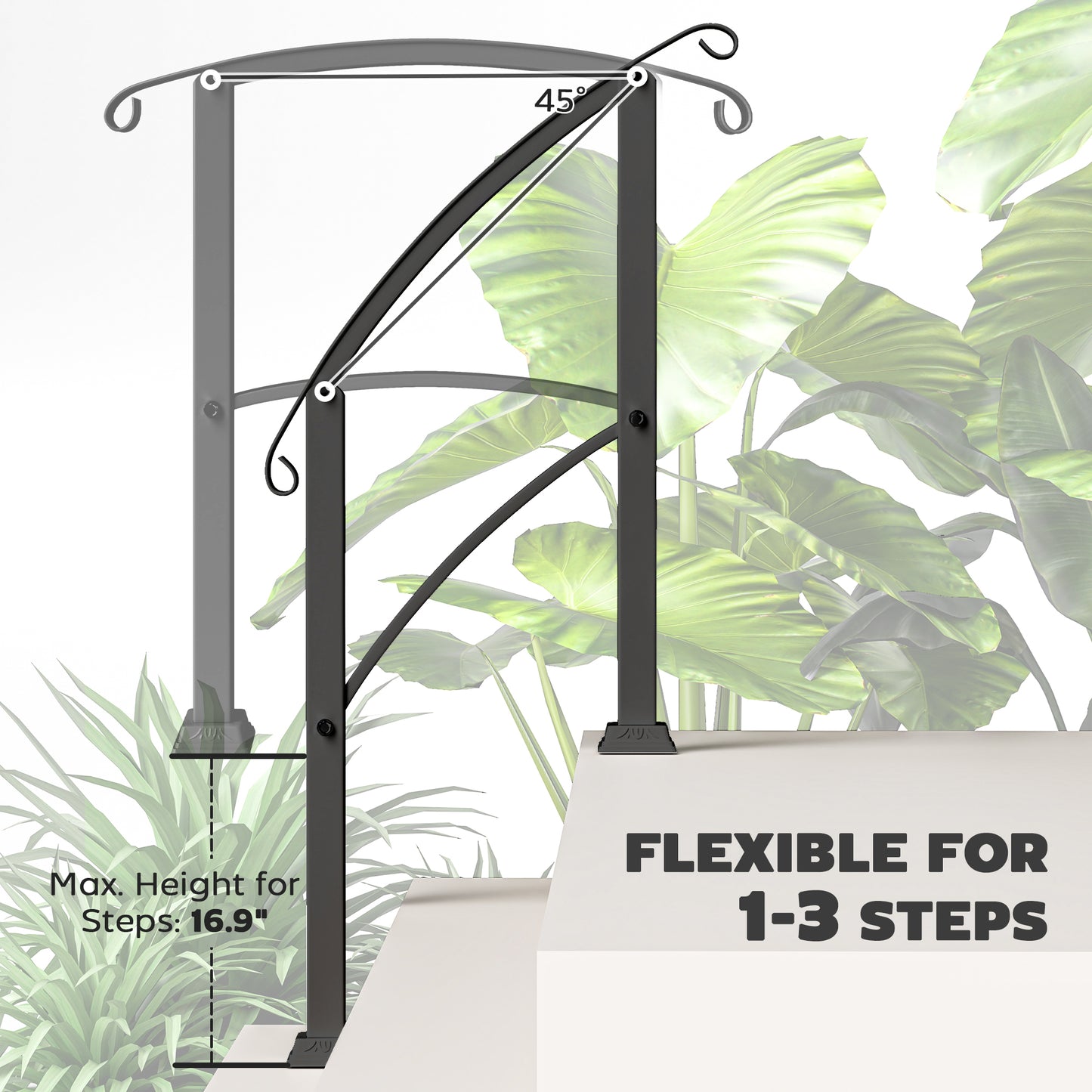 Metal Handrail for Outdoor Steps - Adjustable 0-45°, Black