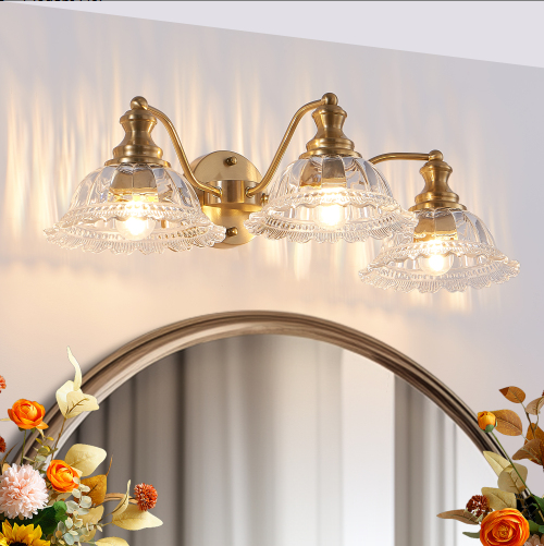 24 Inch 3-Light Vintage Bathroom Wall Sconce - Golden Metal & Glass Vanity Light