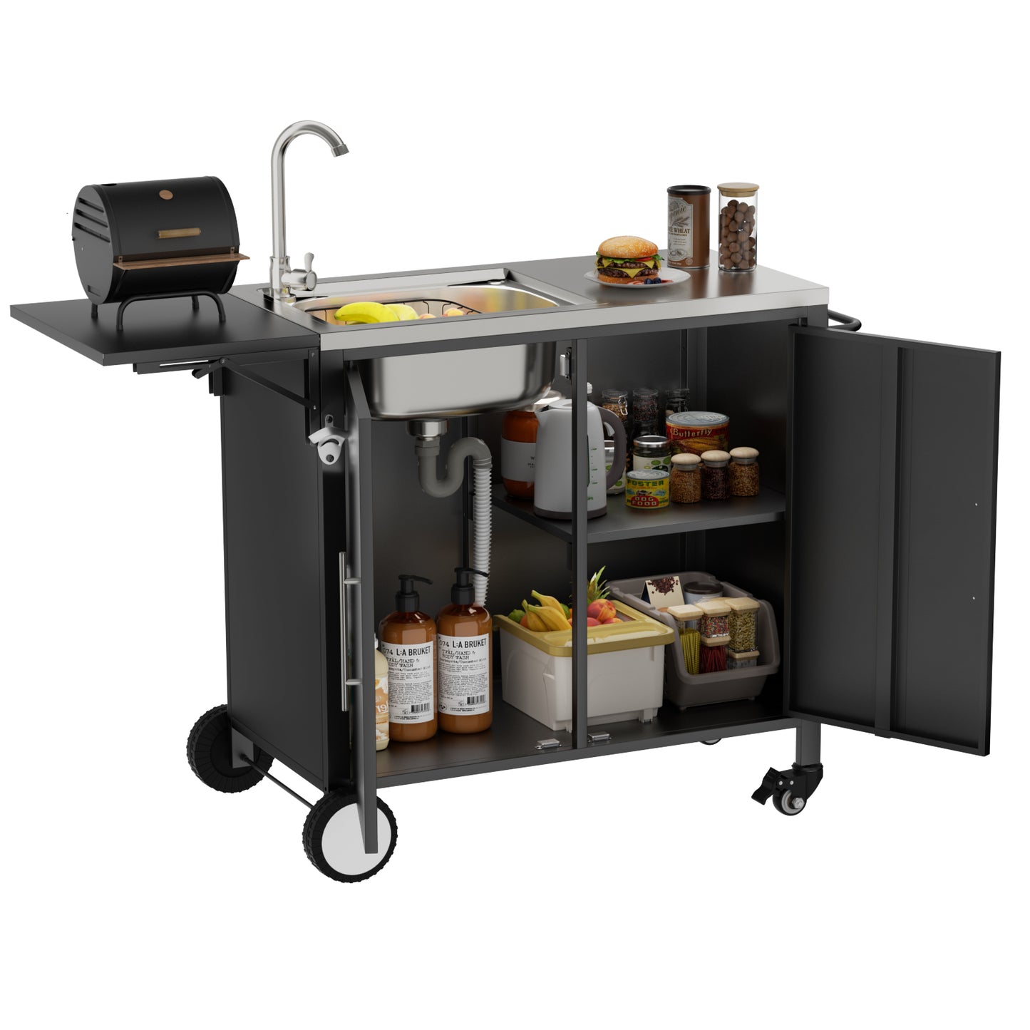 Outdoor Grill Table with Sink and Storage Cart - Metal Worktable for Garden & Backyard