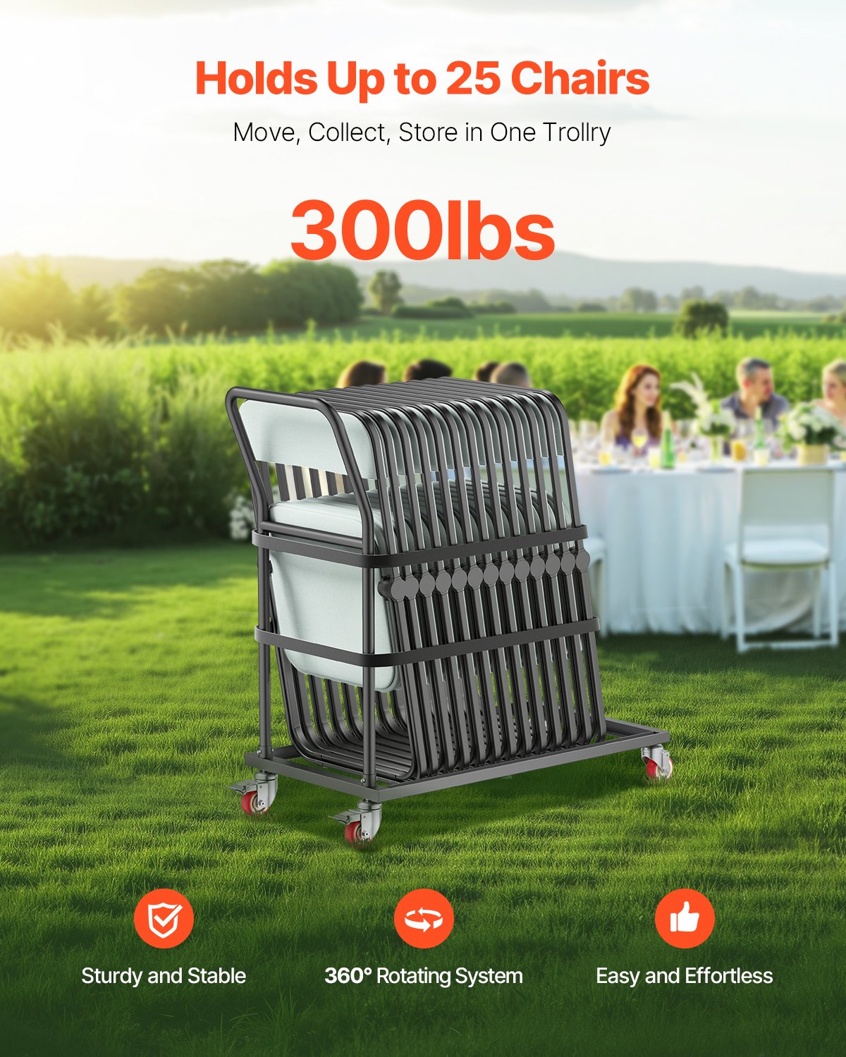 Folding Chair Rack Cart for 25 Chairs - Heavy Duty 300lb Capacity Black