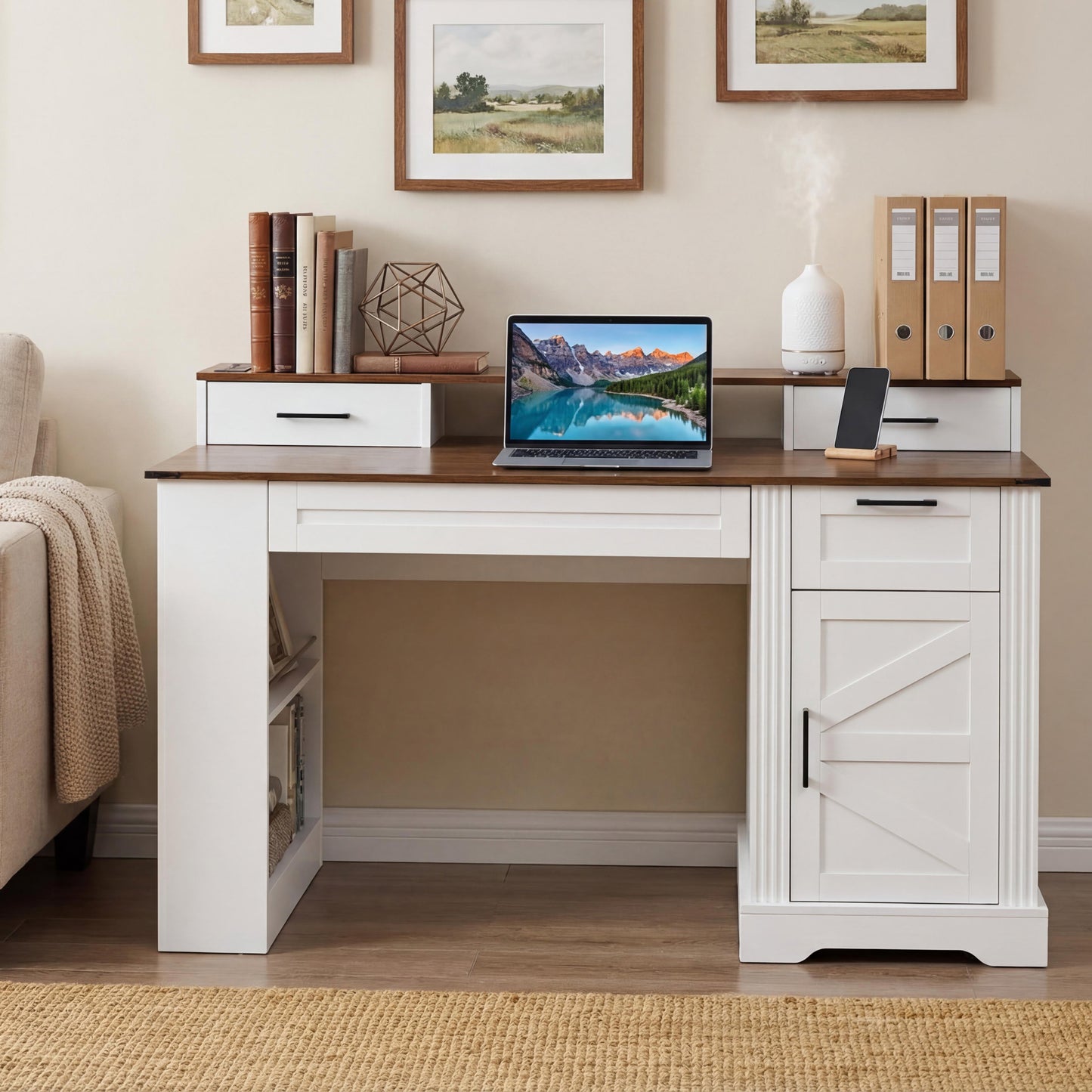 55" Farmhouse Office Desk with Storage & Charging Station - White