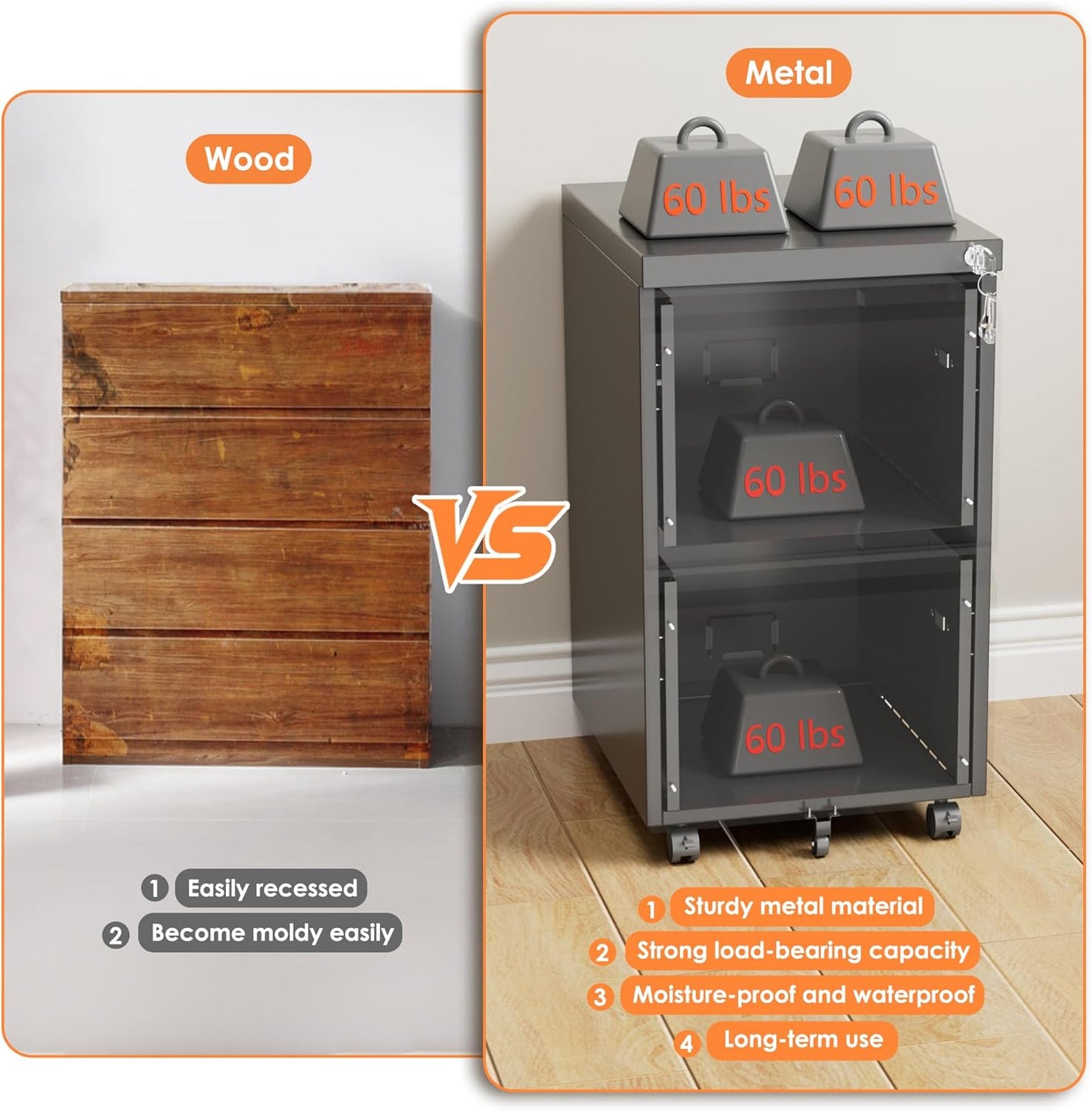 2-Drawer Mobile File Cabinet with Lock - Black Metal Storage