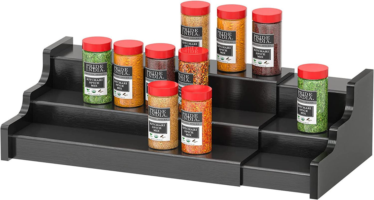 3-Layer Retractable Bamboo Spice Rack Black Trapezoidal Kitchen Organizer