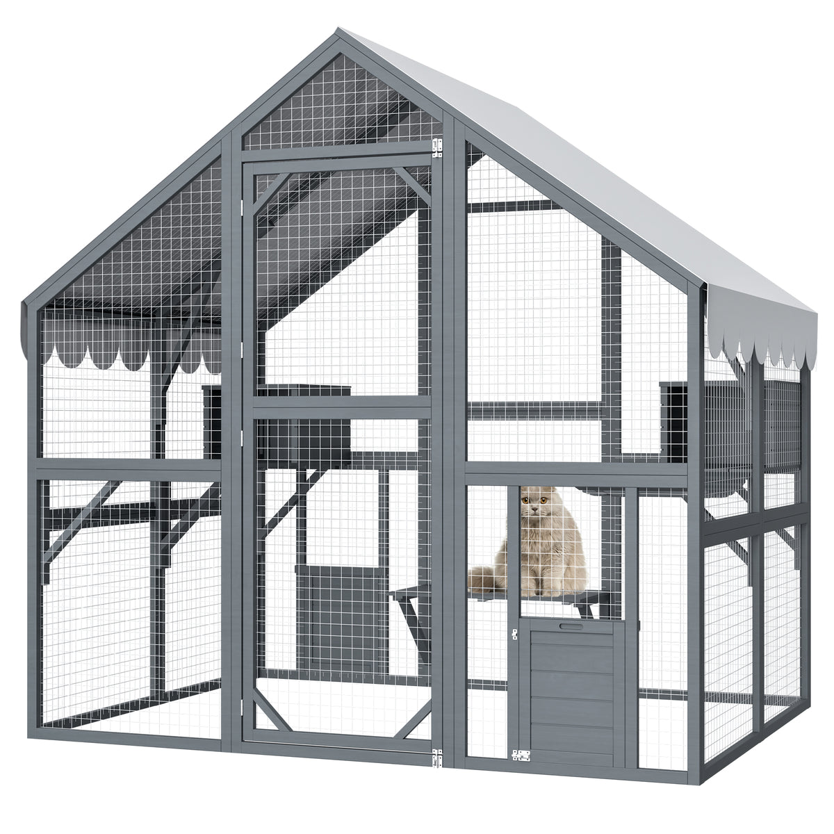 Outdoor Cat House with 2 Doors & Play Areas - Wooden Cat Enclosure, Grey