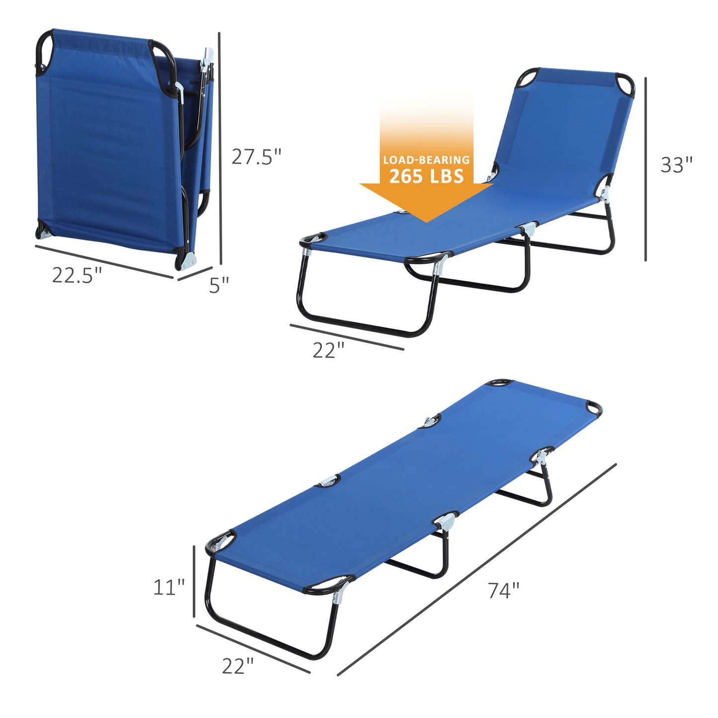 Folding Chaise Lounge Pool Chair - 5-Level Recline, Blue