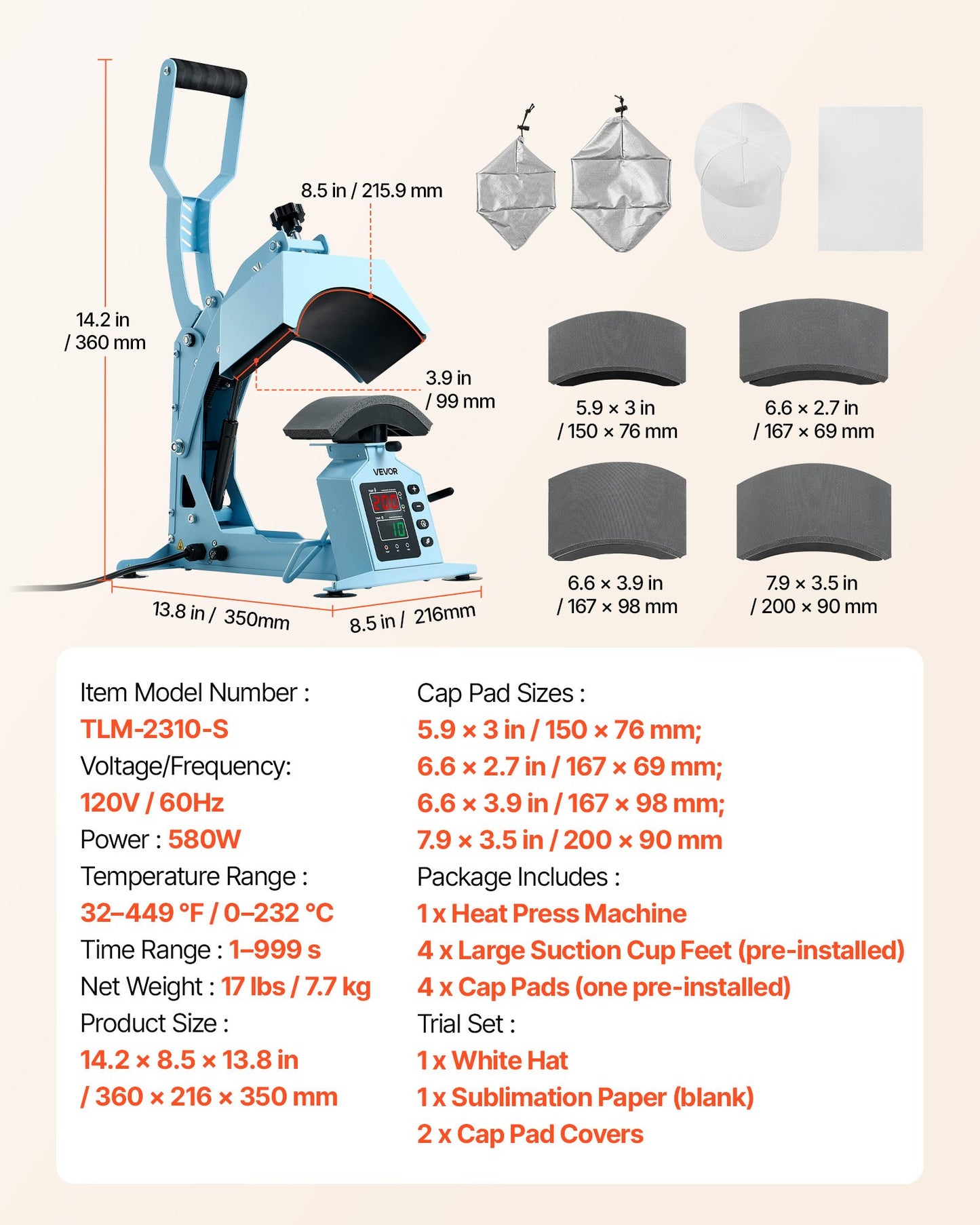 Heat Press Machine for Hats and Caps with Interchangeable Platens - Blue