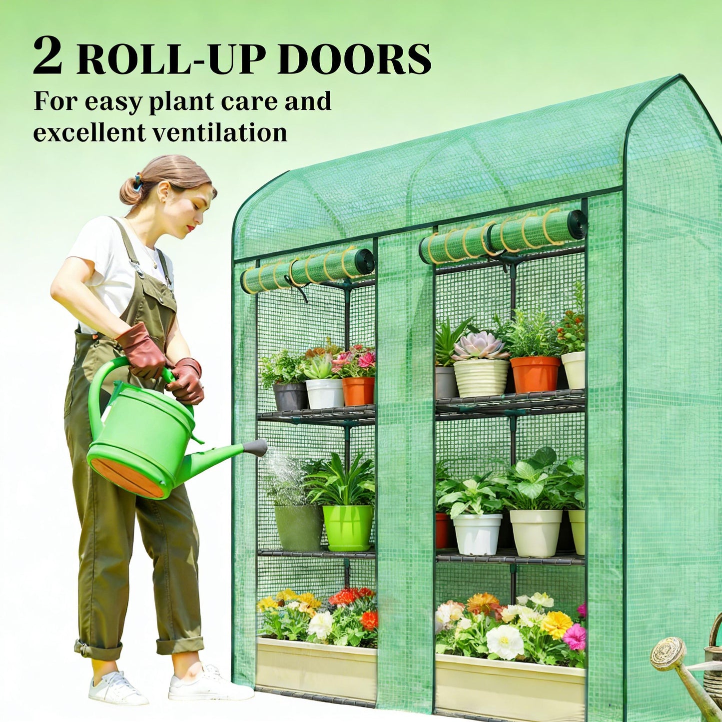 Portable Mini Greenhouse with Three-Tier Plant Shelf - Green