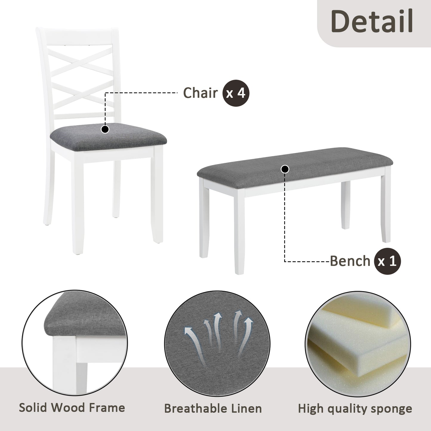 6-Piece Modern Dining Table Set with Bench - Grey & White