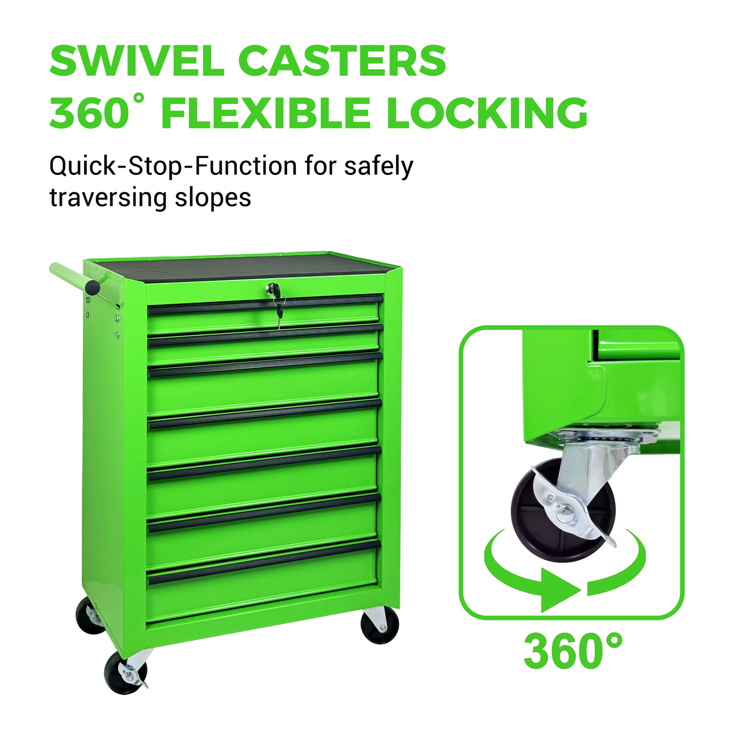 7-Drawer Metal Tool Storage Cabinet with Lockable Wheels - Green