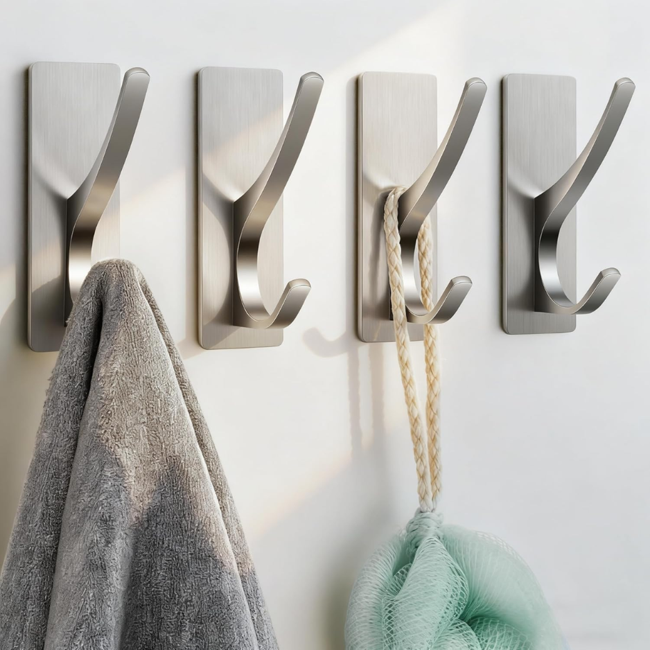 Self-Adhesive Towel Hooks - Heavy-Duty Brushed Nickel, 4 Pack