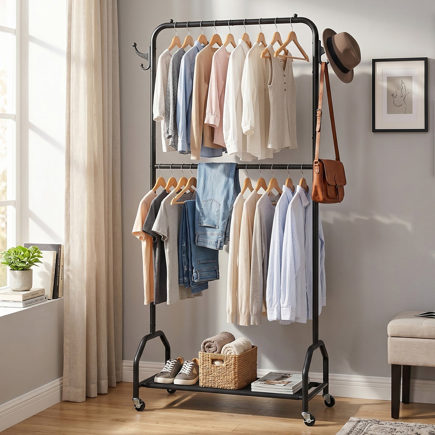 Double Hanging Clothes Rack with Wheels & Bottom Shelf - Black