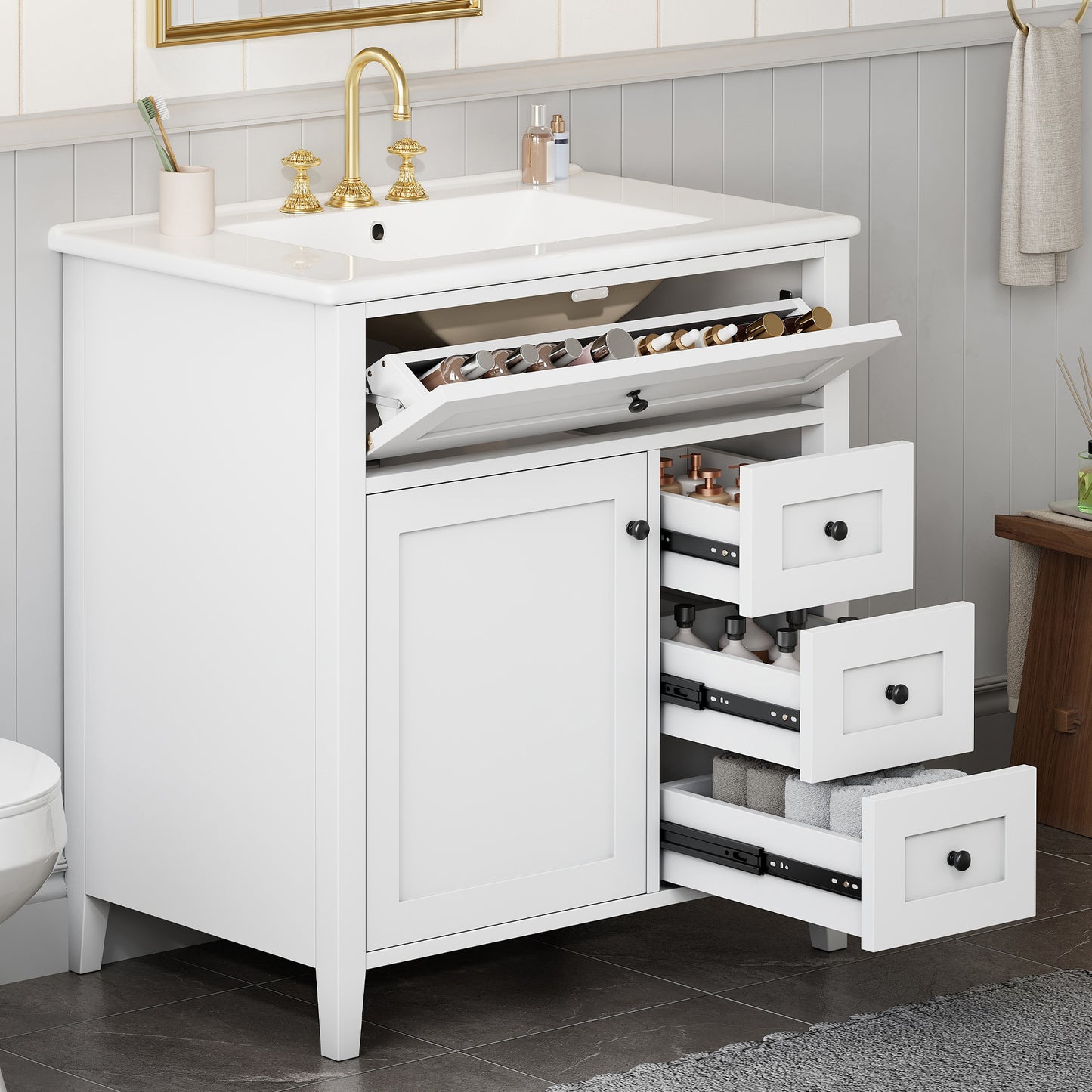30-Inch White Bathroom Vanity with Sink, MDF & Rubberwood Cabinet