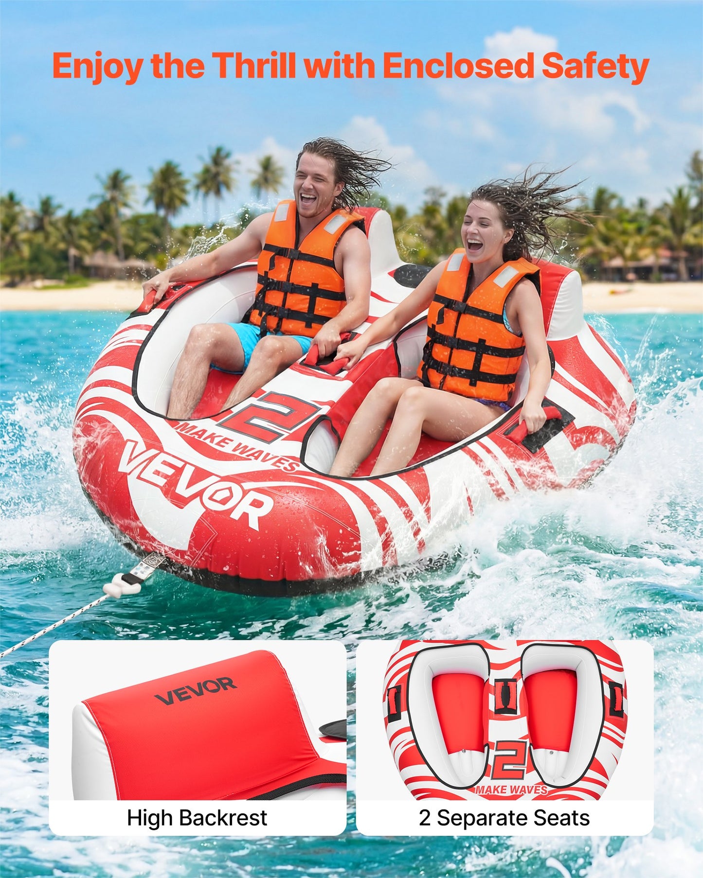 2-Person Inflatable Towable Tube for Boating - Water Sports with Padded Handles