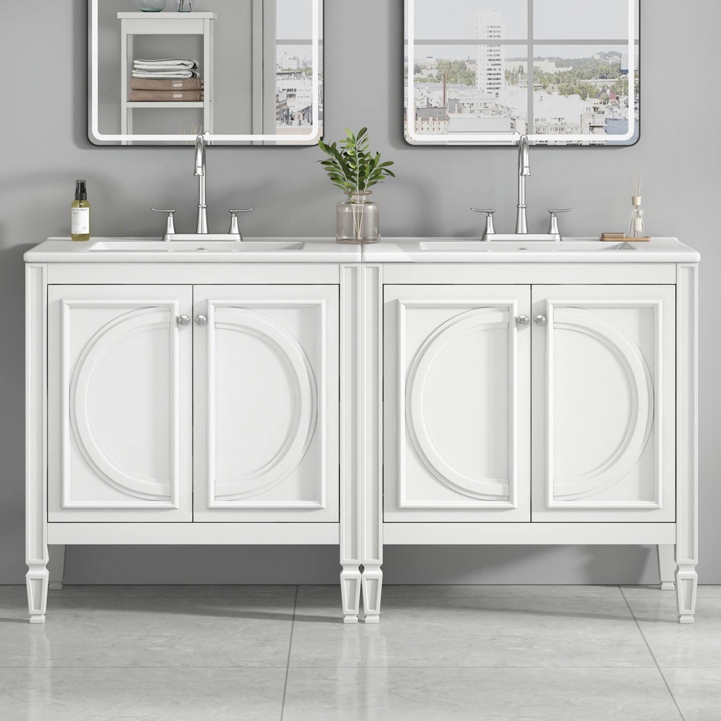 60" Bathroom Vanity Set with Double Sinks, Ceramic Sink, Soft Close Doors - White