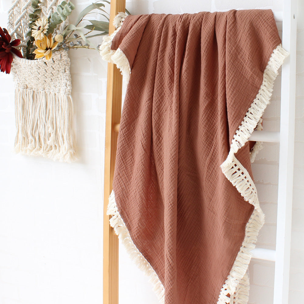 Solid Color Cotton Gauze Baby Blanket with Tassels - 120x120cm