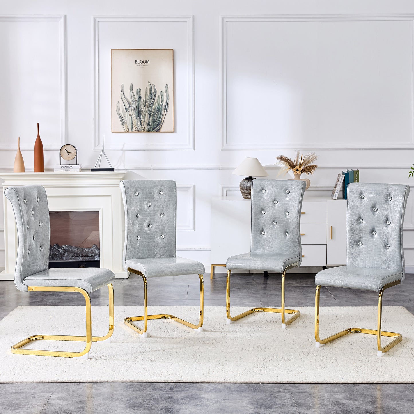 Set Of 4,Retro Alligator Skin Upholstered Dining Chairs,with Crystal
