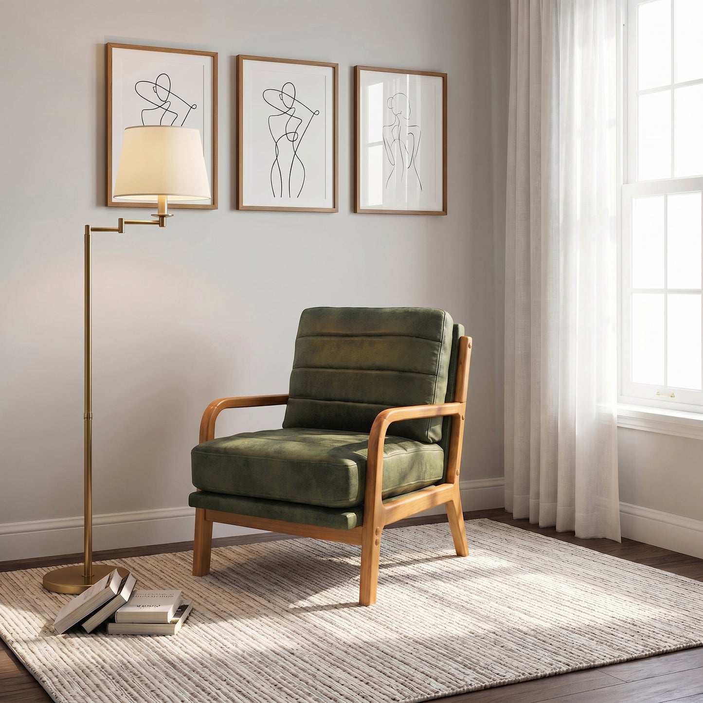 Mid-Century Modern Olive Green Fabric Armchair