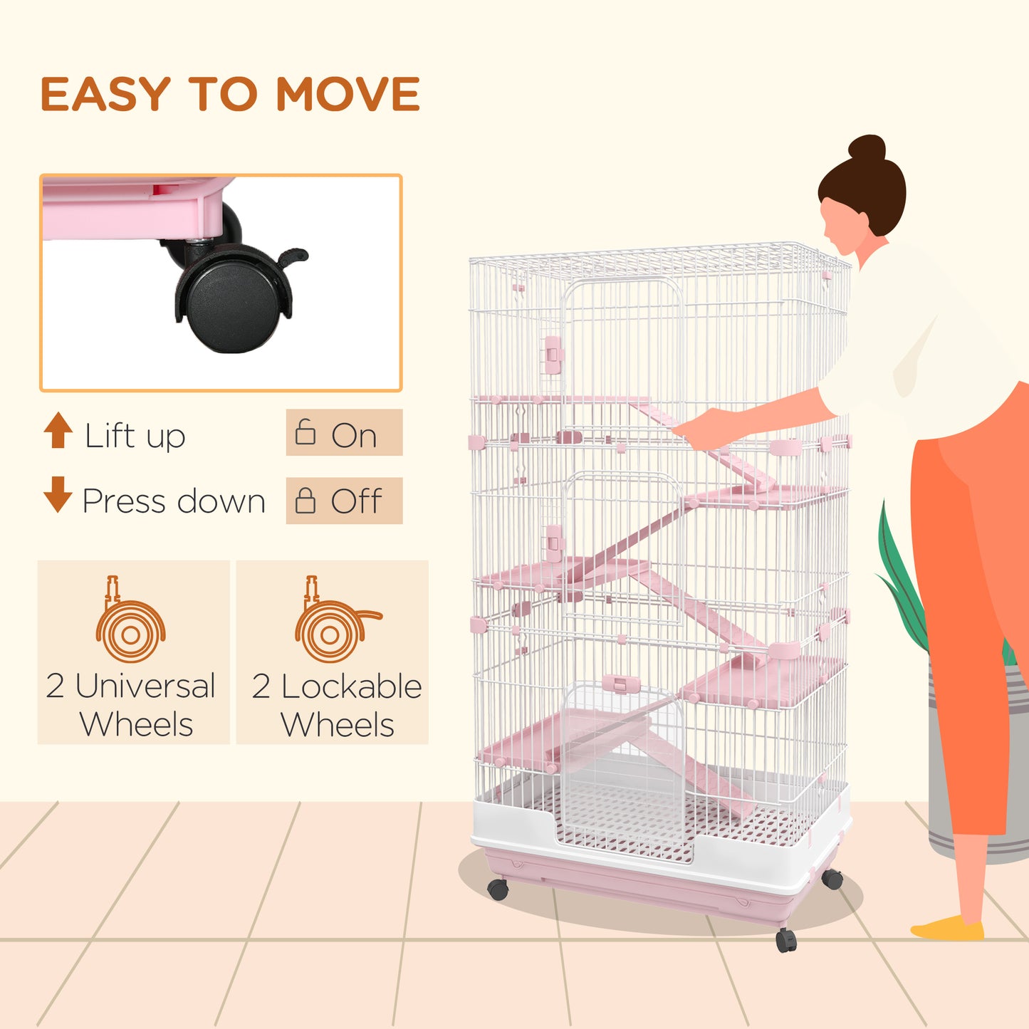 Small Animal Cage 32 Inch 6-Level Bunny Hutch with Lockable Wheels & Slide-Out Tray - Pink