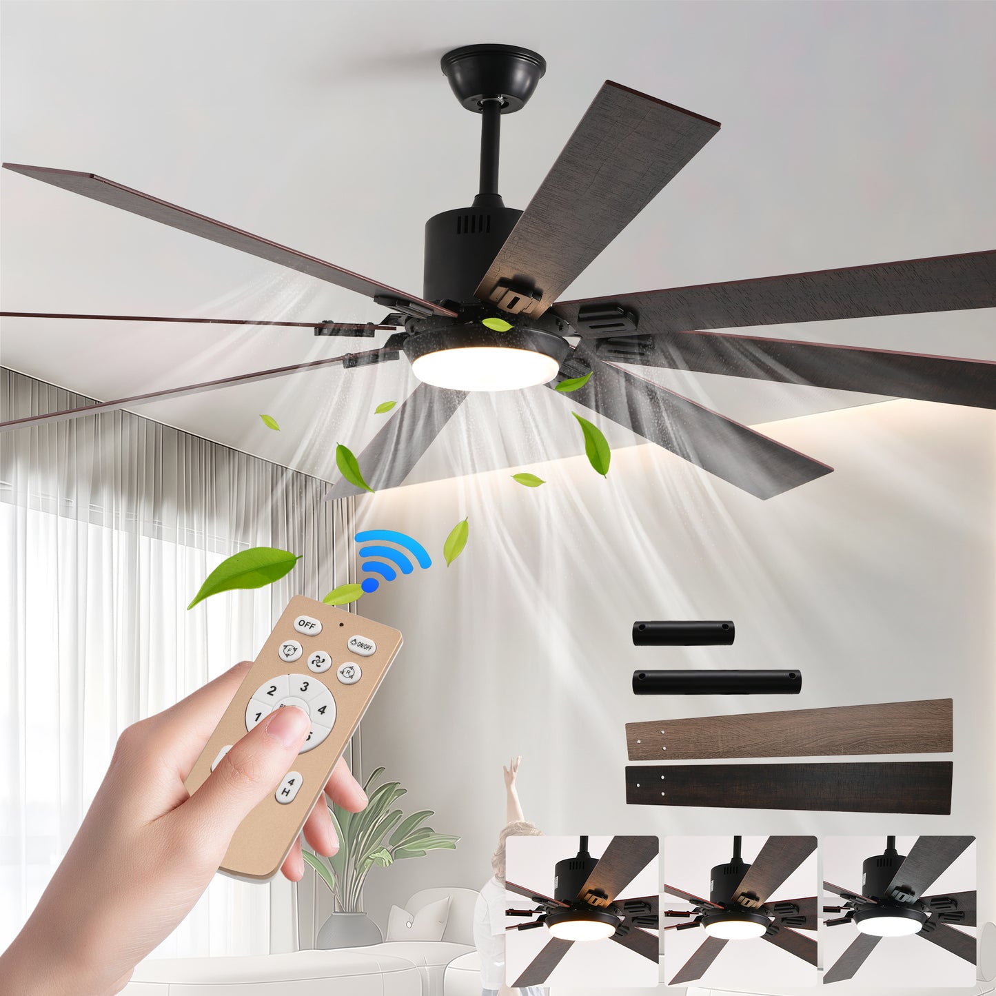 72-Inch Walnut LED Ceiling Fan with Remote Control & 8 Blades