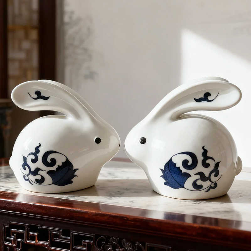 Blue-and-White Ceramic Rabbit Ornament Pair - Chinese Porcelain Decor