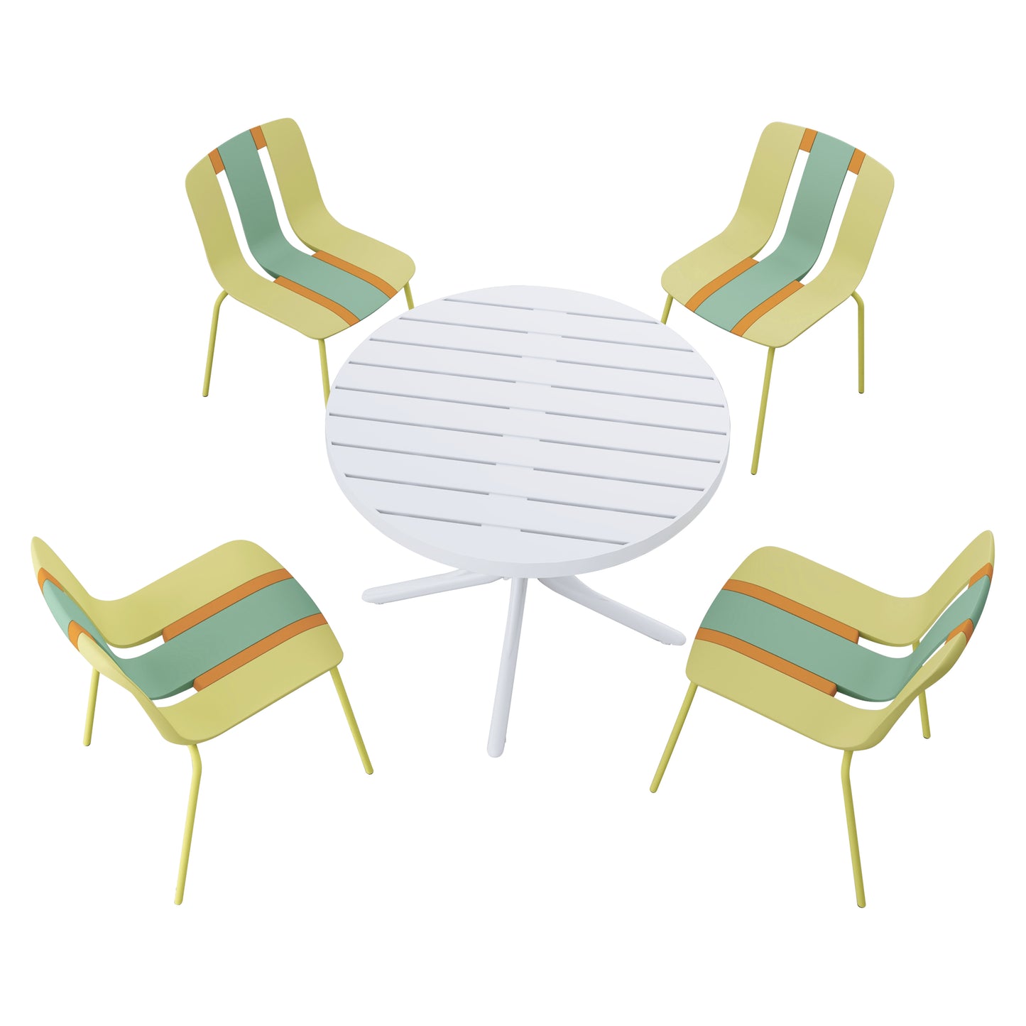 Modern Striped Color Block Chairs Set - 4-Pack with Round Table - Yellow, Orange, Green