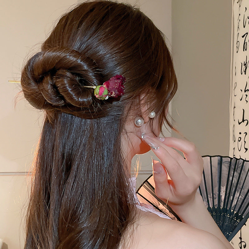 Chinese Style Rose Pearl Hairpin - Golden Red Acrylic Hair Accessory