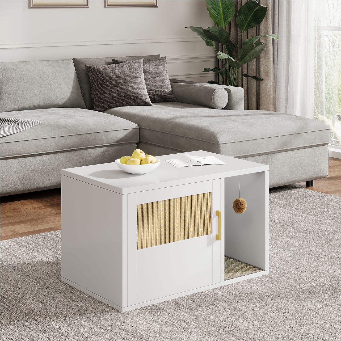 Multifunctional Cat Litter Box Cabinet with Odor Control & Side Table - White