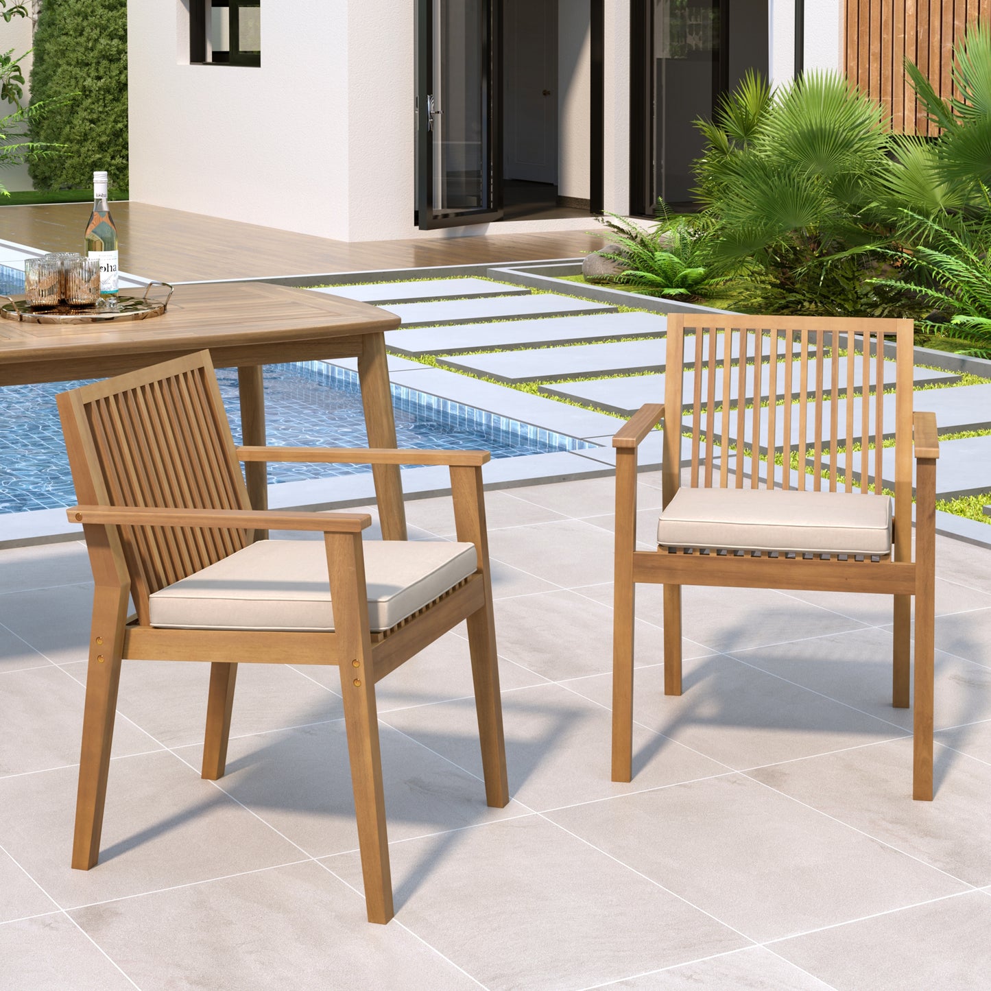 Patio Dining Chairs Set of 2 - Sturdy Acacia Wood, Waterproof Cushions