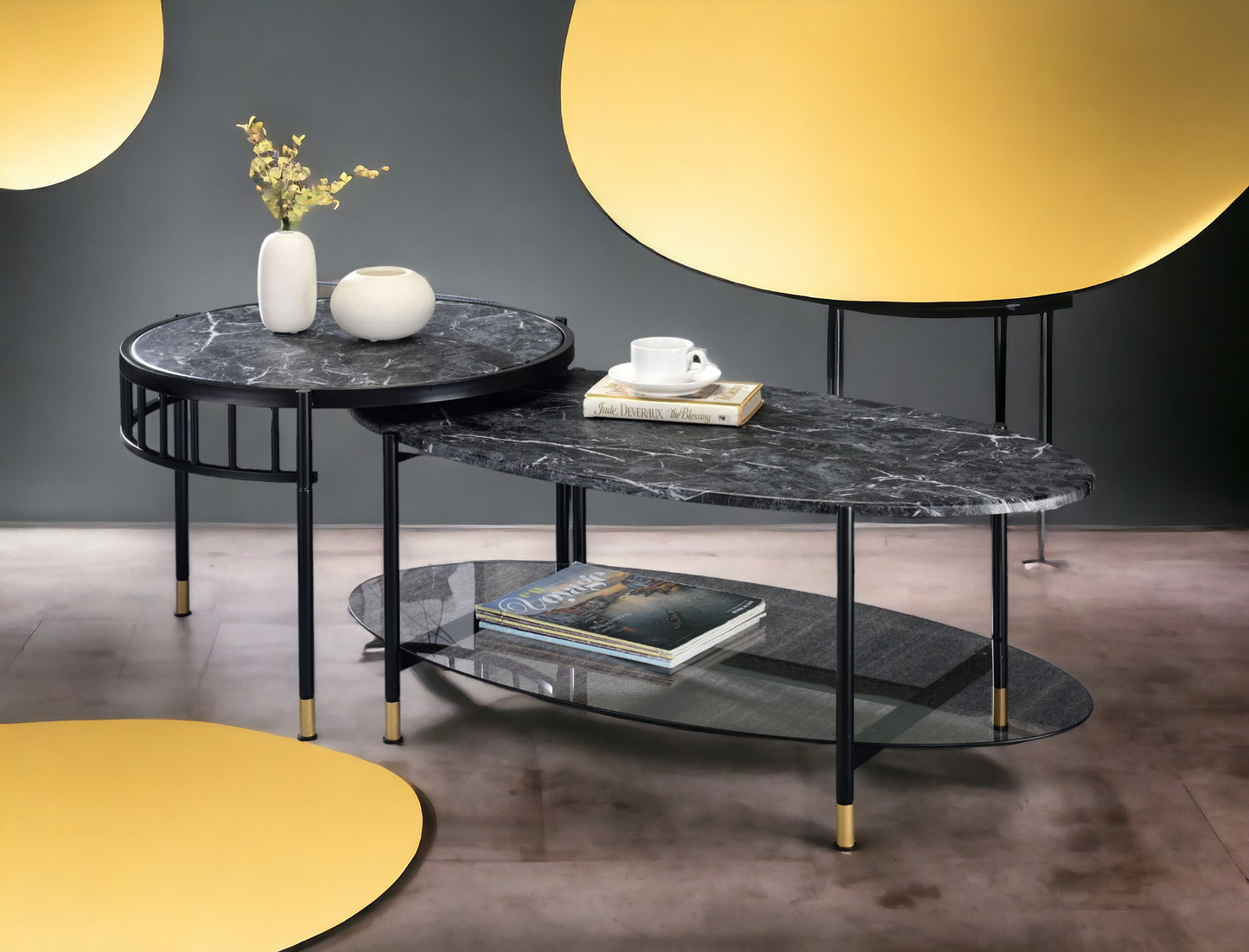 Silas Black Finish Nesting Table Set with Engineered Stone Top