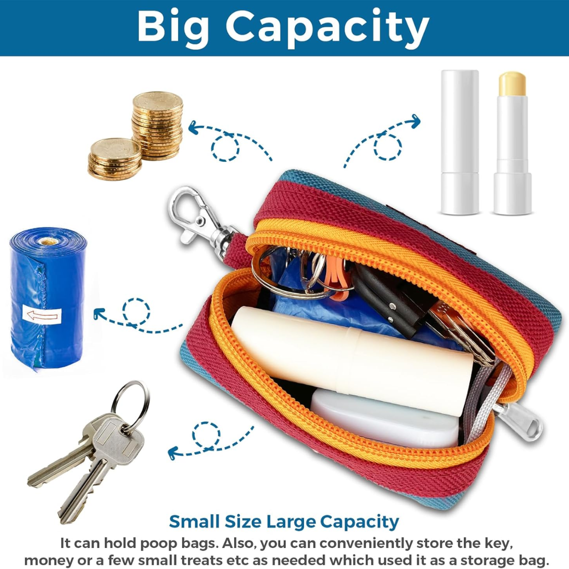 Dog Poop Bag Dispenser Holder with Zippered Canvas & Metal Carabiner for Leash