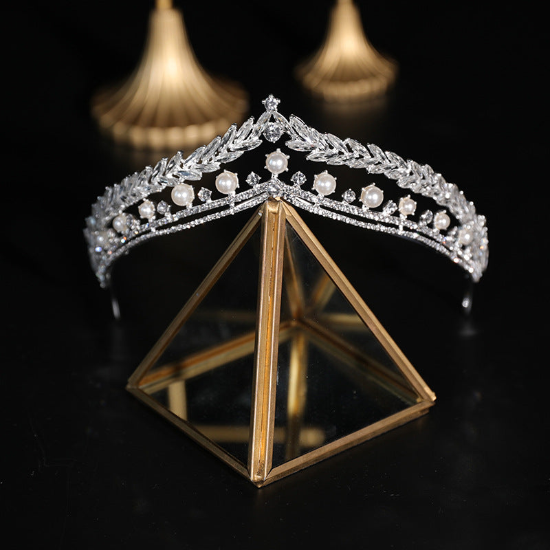 Bridal Crown Tiara Pearl Rhinestone Headpiece - Silver