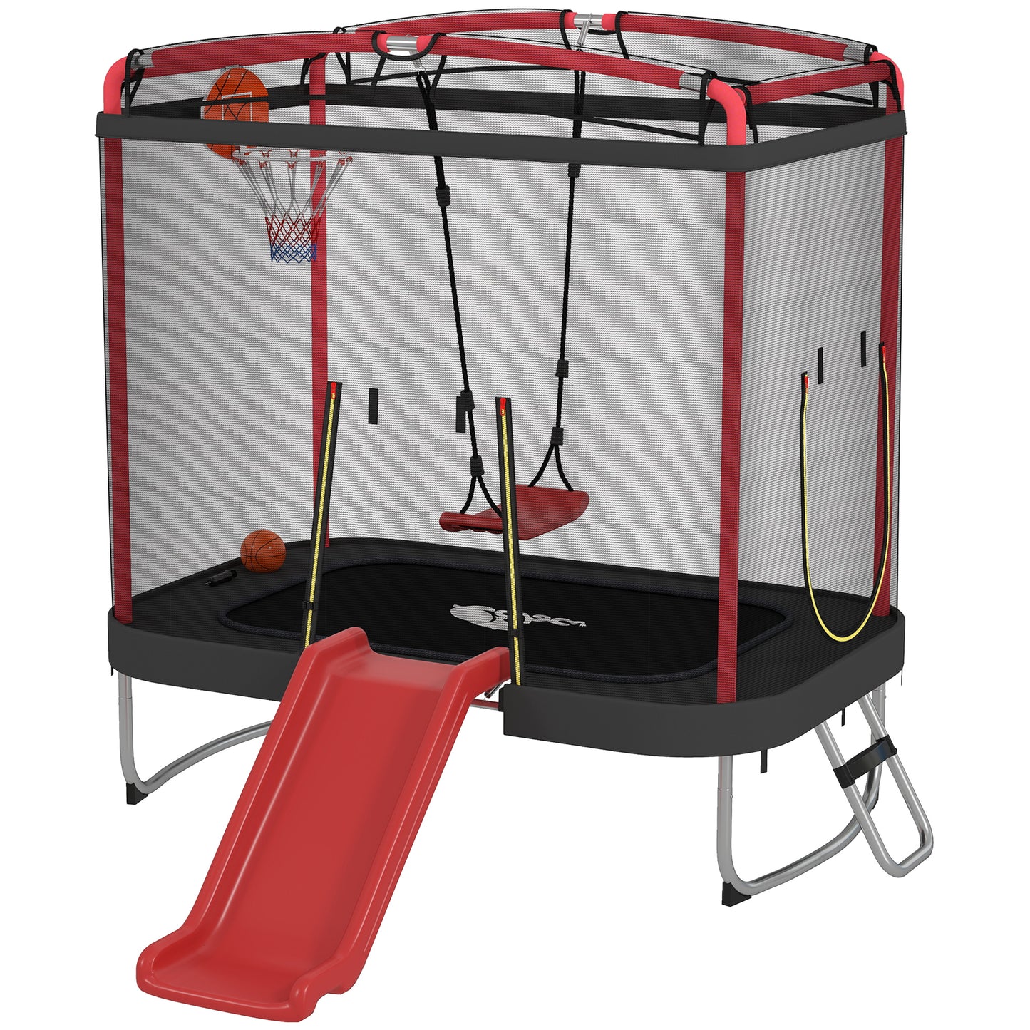 Kids Trampoline with Slide, Swing & Basketball Hoop - Red