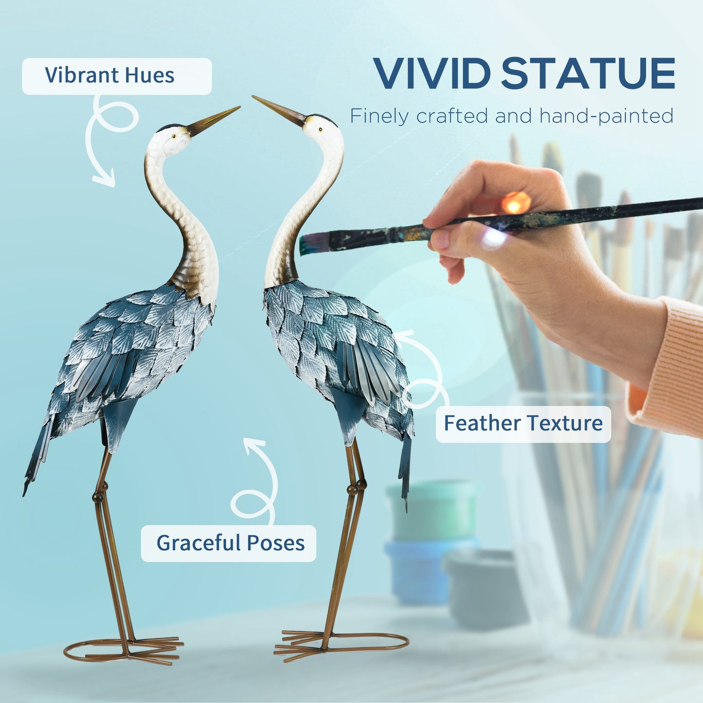 Crane Garden Statues Set - 29" & 28.5" Metal Bird Sculptures - Blue