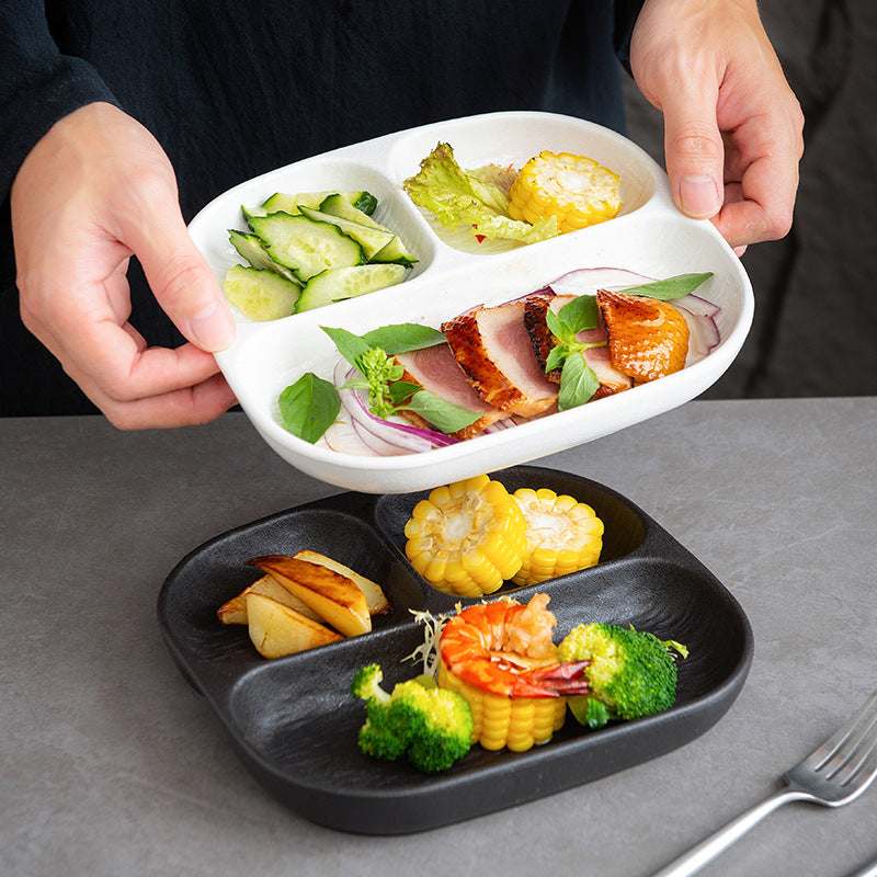 Porcelain Divided Plate for Weight Loss, 8.5 Inch Square Breakfast Dish for Fat Reduction