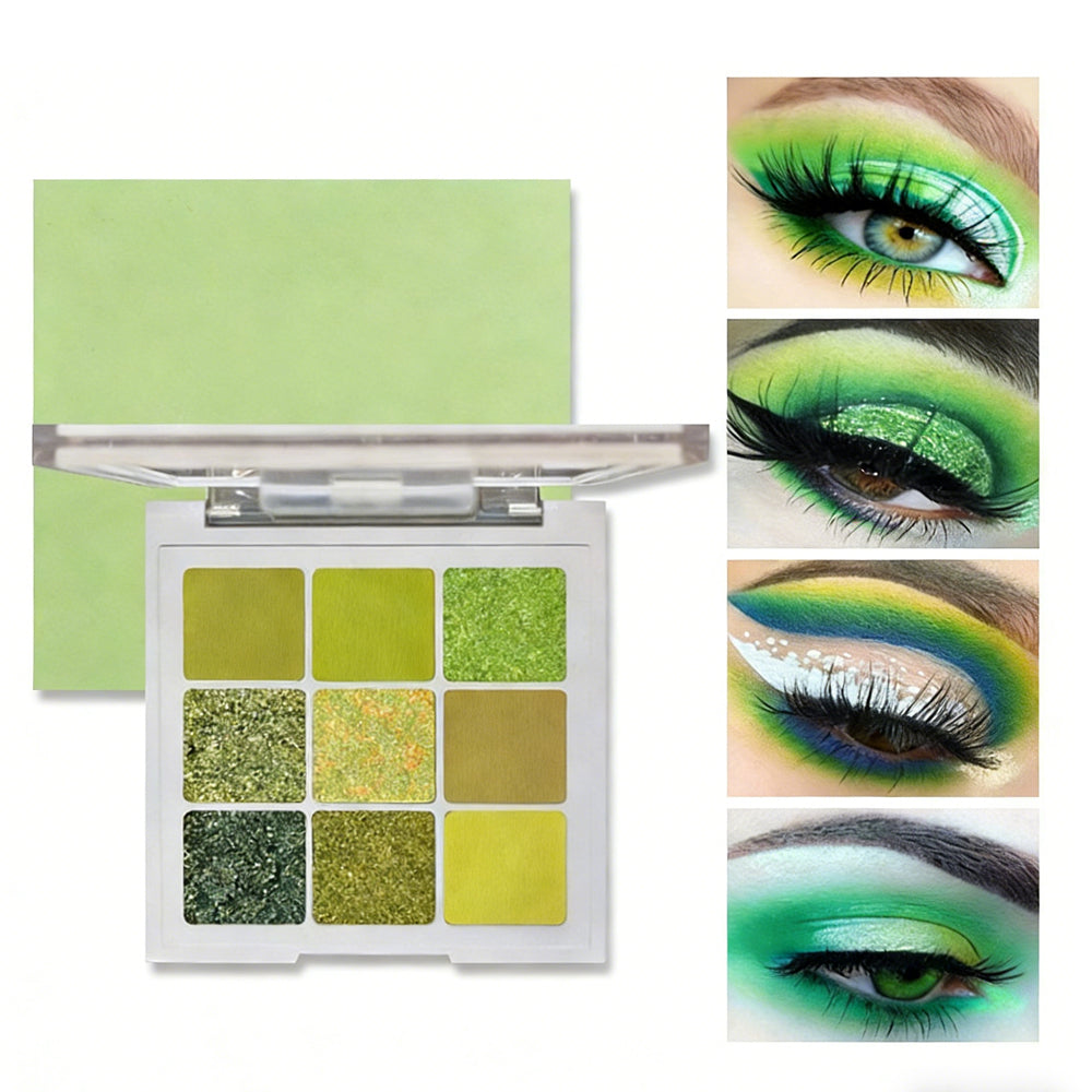 9-Color Green Eyeshadow Palette - Matte, Shimmer & Glitter Finish