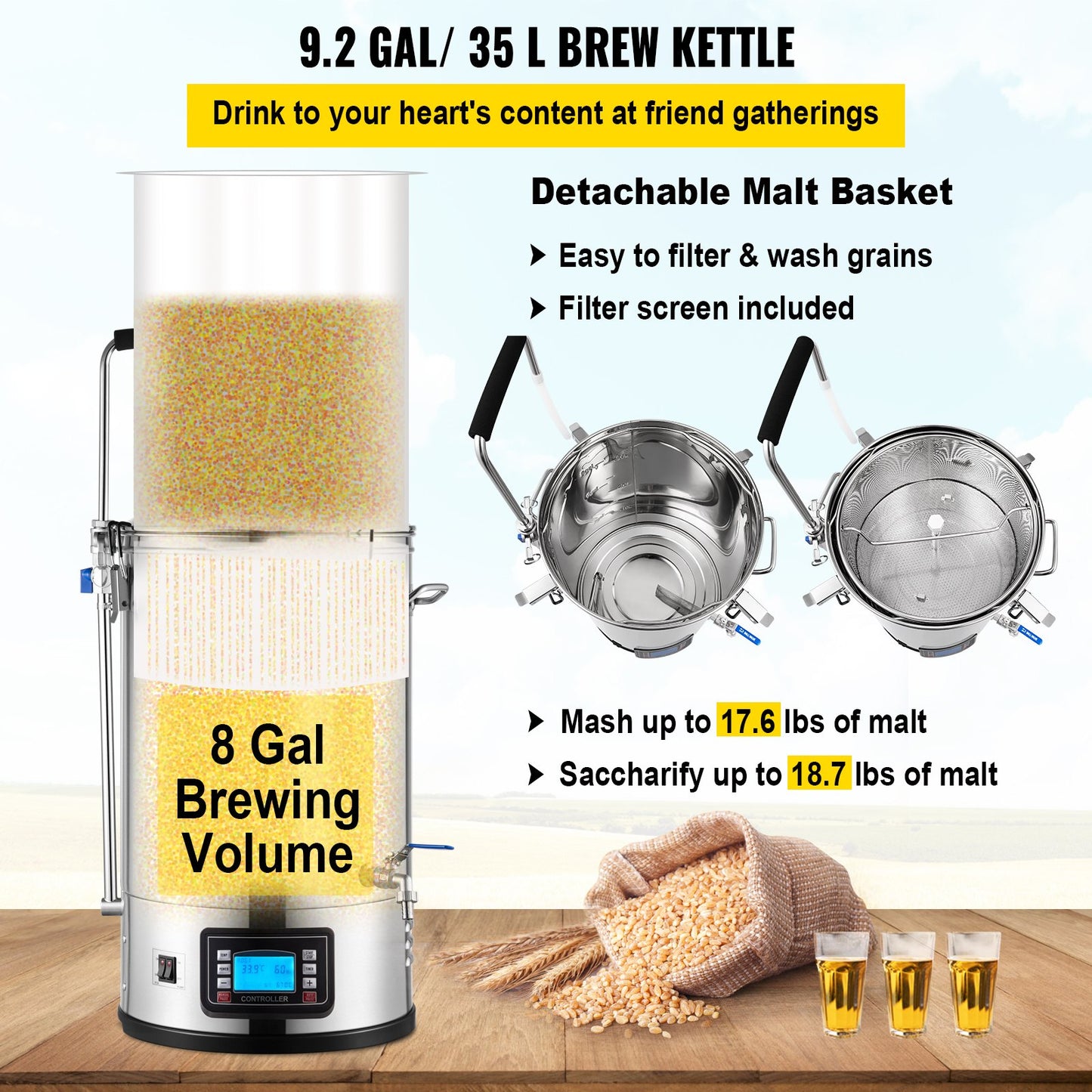 Electric Home Brewing System 9.2 Gal/35L Stainless Steel Beer Maker with Digital Control