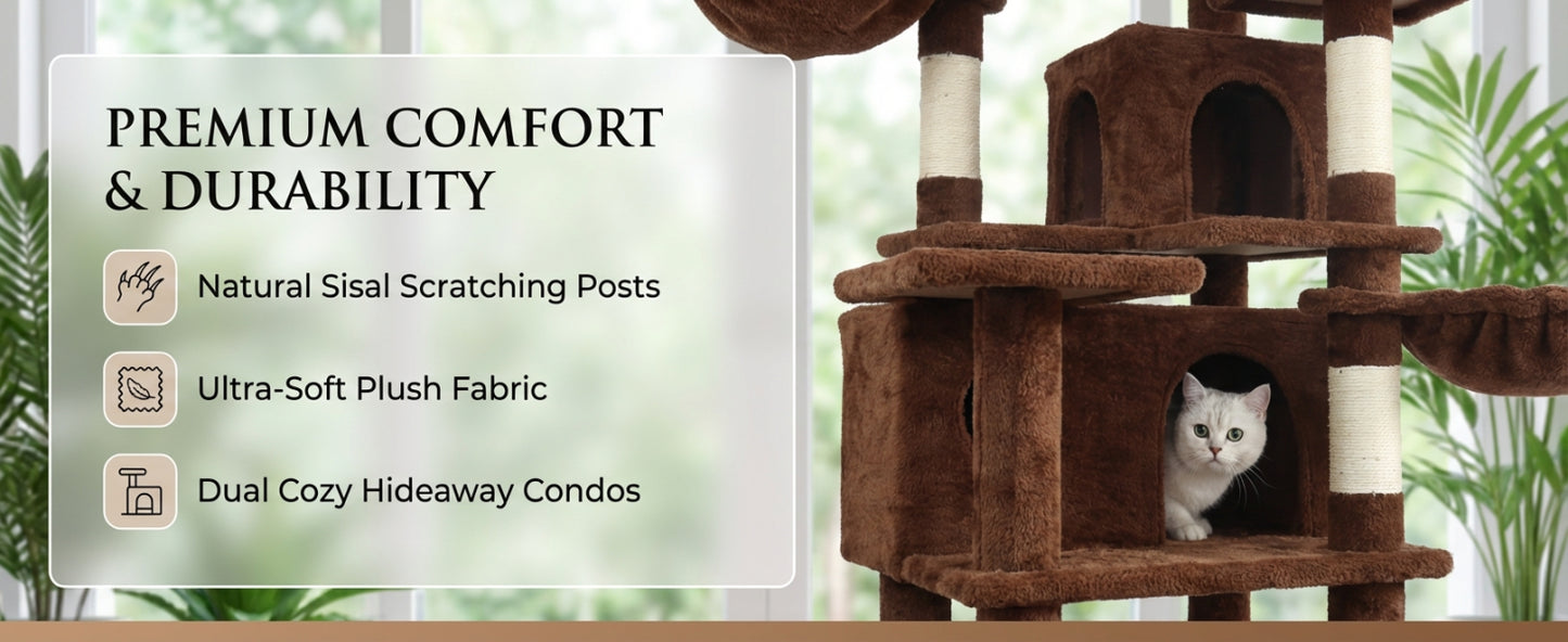 Tall Multi-Level Cat Tree with Hammocks & Scratching Posts - Brown 68in