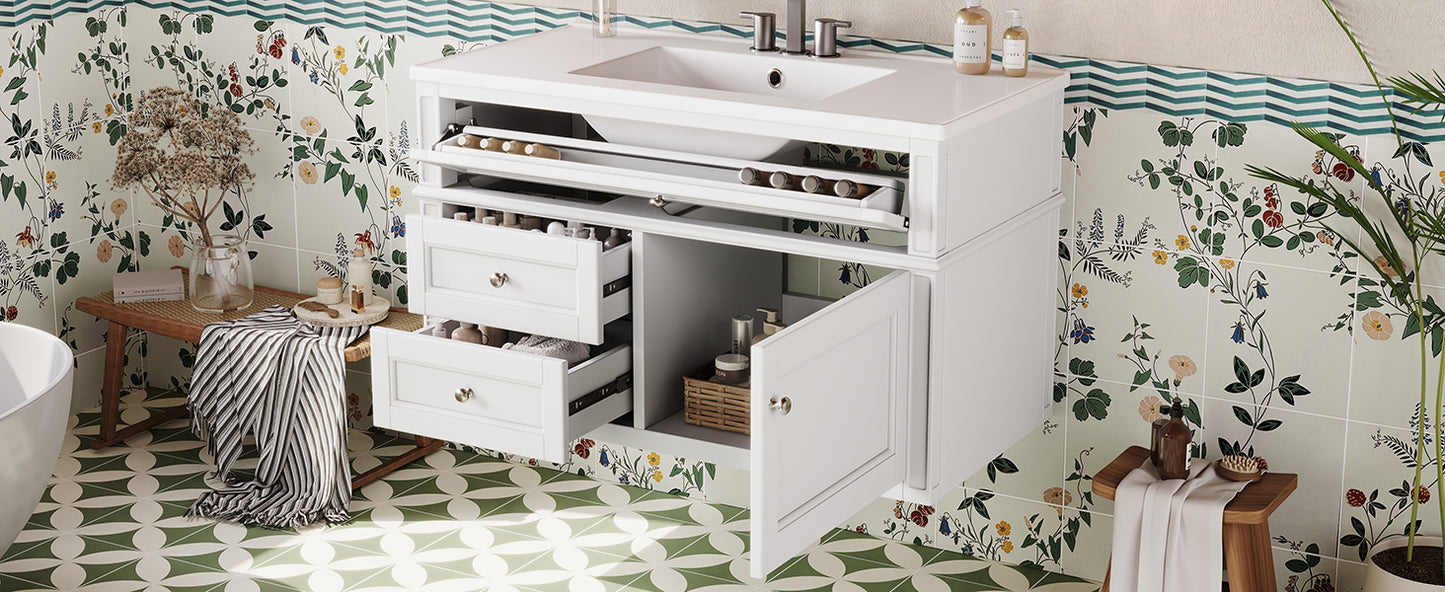 36-inch Wall Mounted Bathroom Vanity with Ceramic Sink & Drawers
