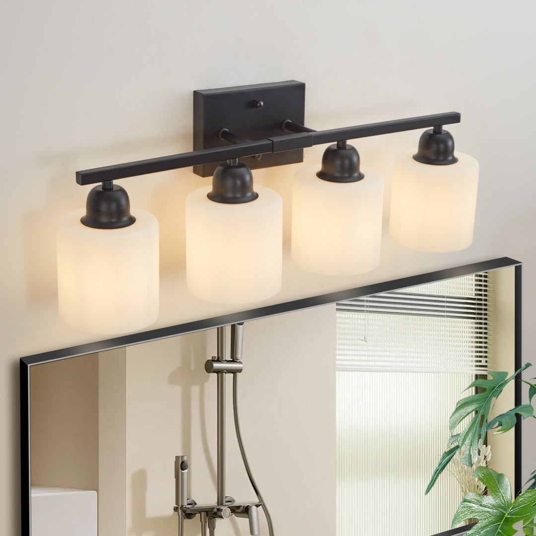 4-Light Modern Black Bathroom Vanity Light Fixture - Frosted Glass Shades