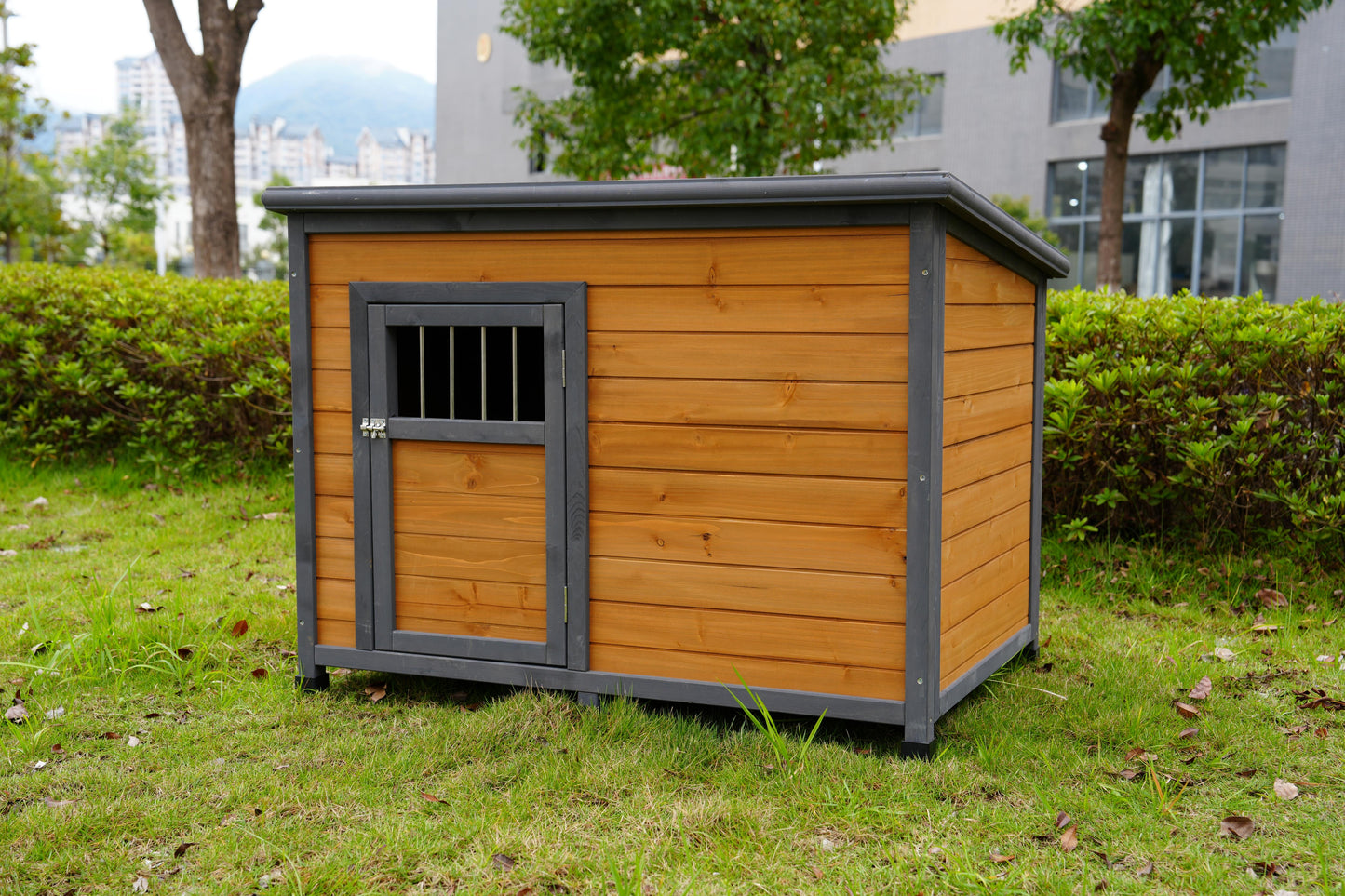 Large Solid Wood Dog House with Waterproof PVC Roof & Breathable Wooden Doors - Gray+Yellow