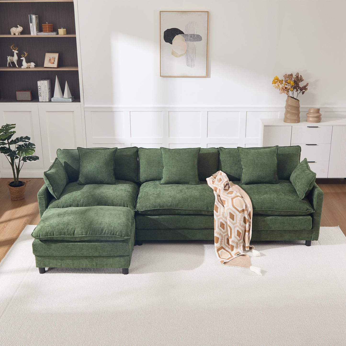 108" L-Shaped Modern Chenille Sectional Sofa with Ottoman - Green