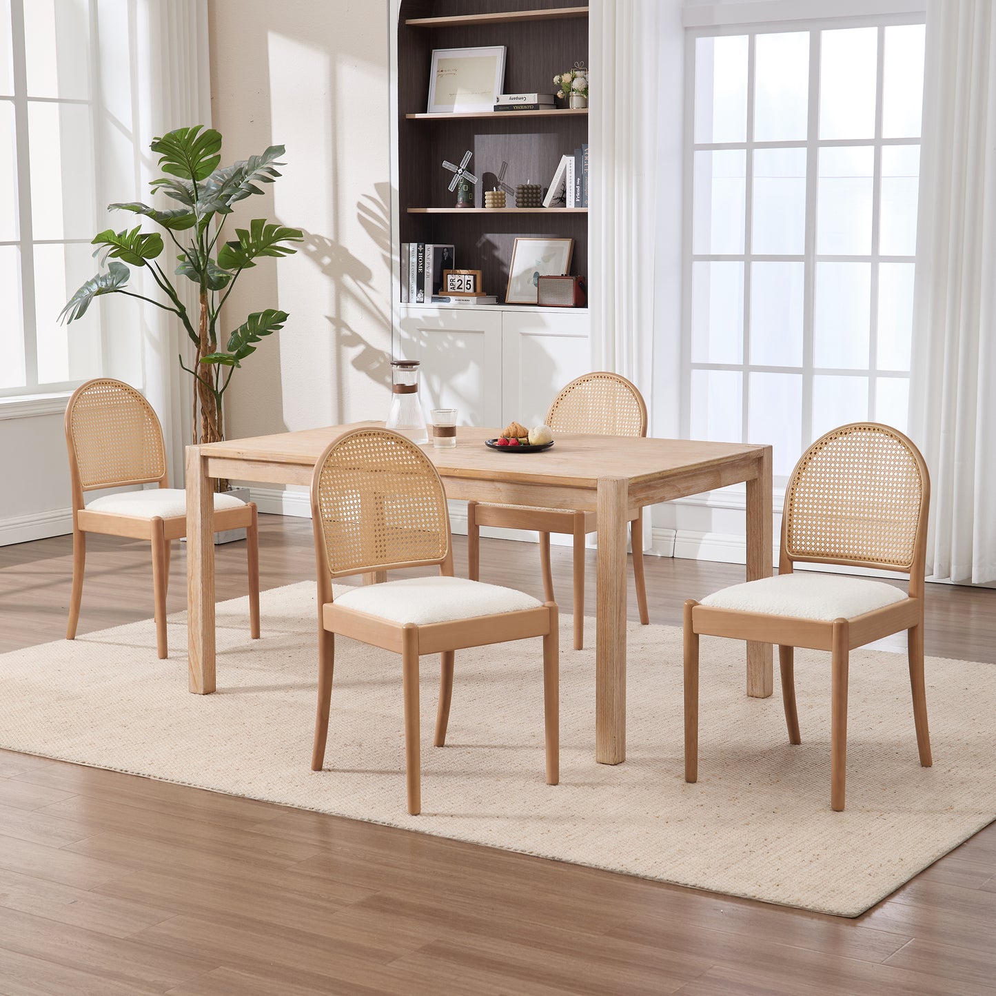 Beige Rattan Dining Chairs Set of 2 - Upholstered Kitchen Seating