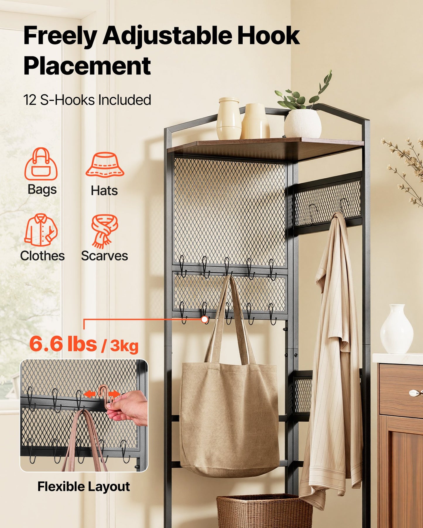 Corner Coat Rack with Hooks & Top Shelf - 71.3 Inch Freestanding Storage Organizer