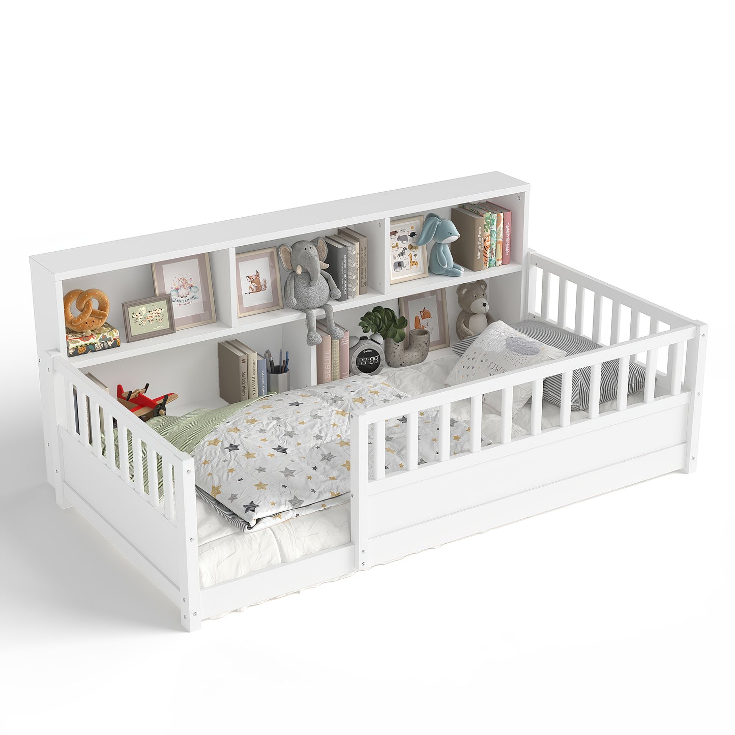 Twin-Sized Wooden Floor Bed with Fence Guardrail & Side Storage - White