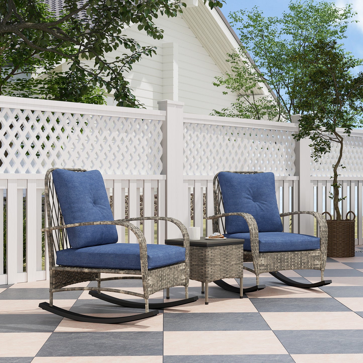 3-Piece Gray Wicker Patio Furniture Set with Rocking Chairs & Table