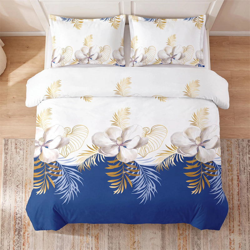 3-Piece Navy Blue & Gold Tropical Floral Duvet Cover Set