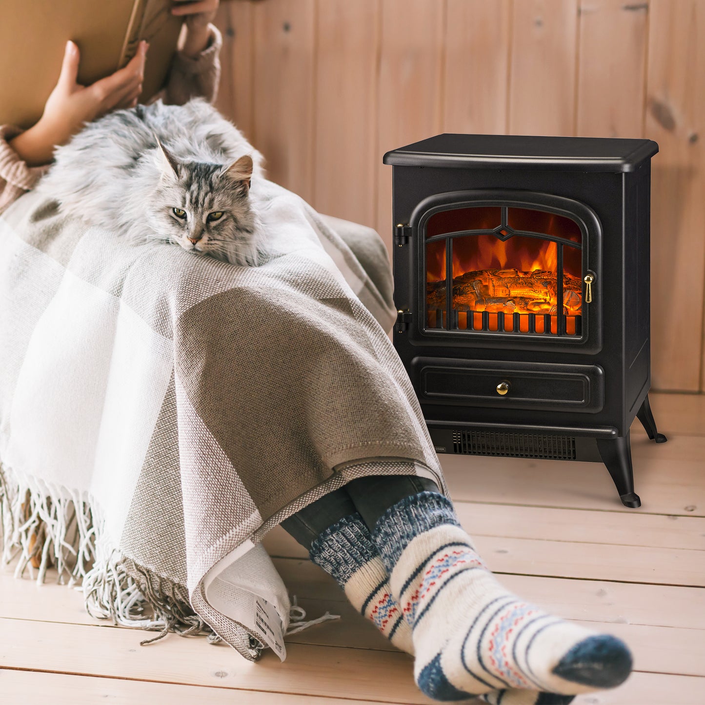 Electric Fireplace Heater with Realistic LED Flames 725W/1450W Black