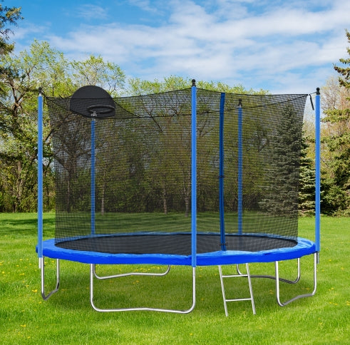 12FT Trampoline with Basketball Hoop - Blue, Outdoor Safety Net