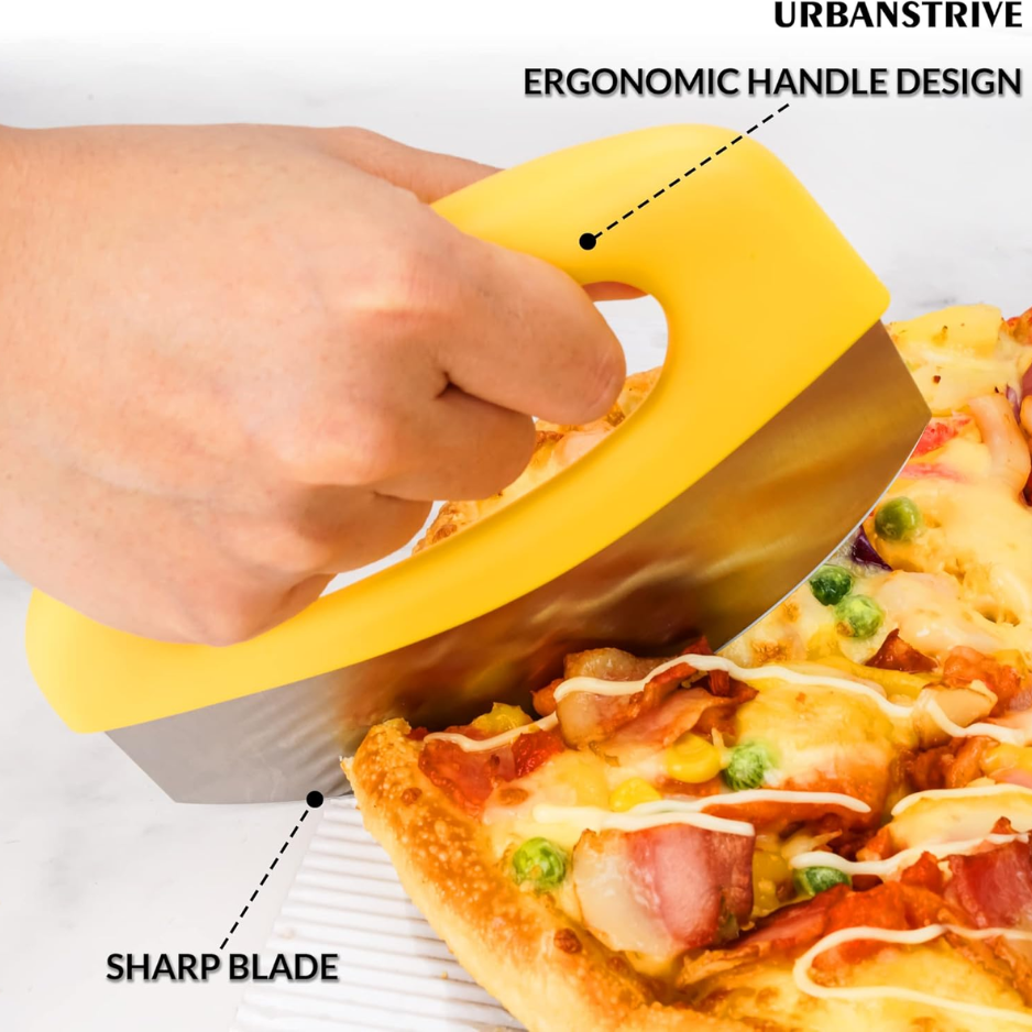 Heavy-Duty Stainless Steel Pizza Cutter Rocker with Blade Cover - Yellow